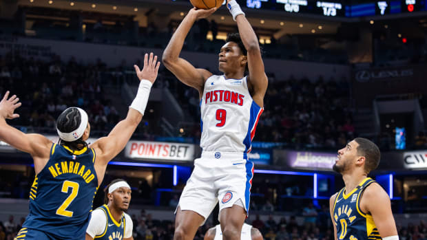 Thompson during the Pistons’ 129-115 loss to the Pacers on Feb. 22, 2024.